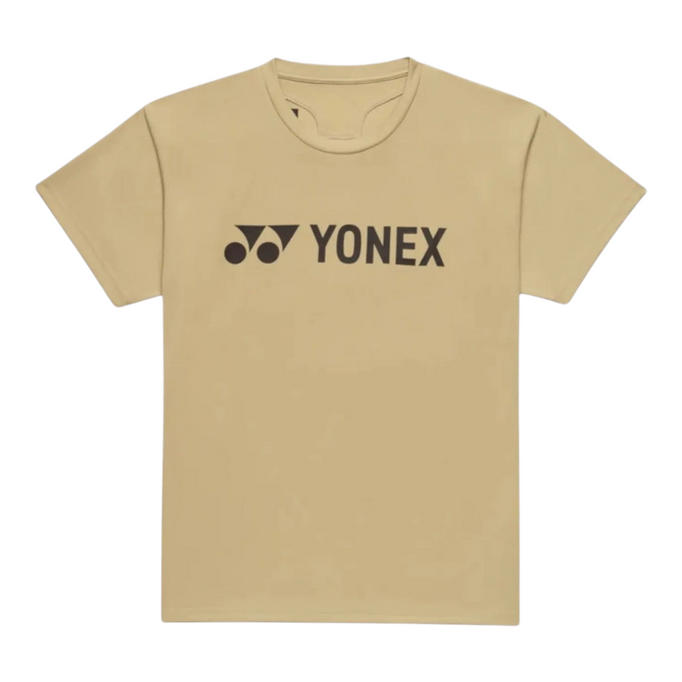 Playera deportiva Radach Sports Yonex color beige caqui con logo frontal, manga corta y cuello redondo en poliéster.