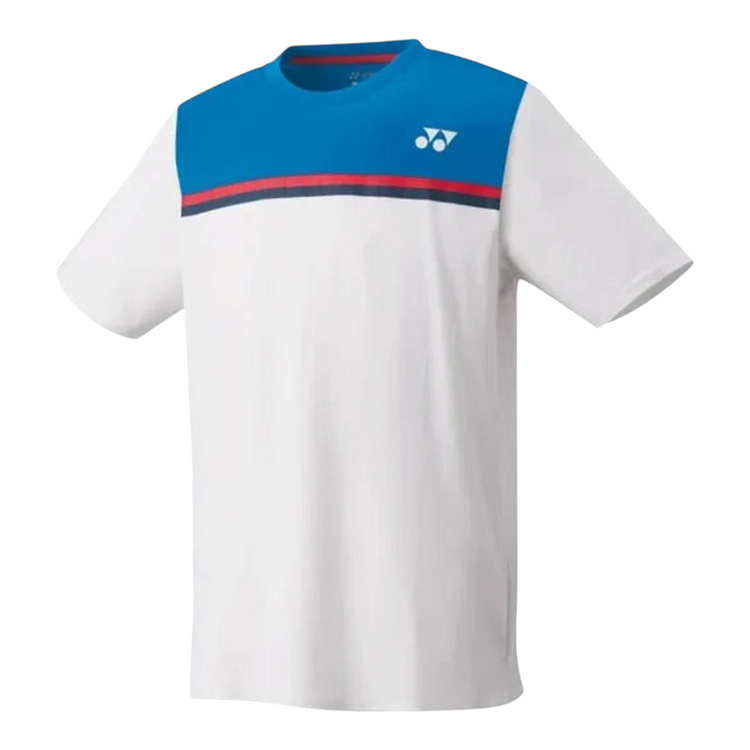 Playera deportiva Radach Sports Yonex 10325EX blanca con detalles en azul y rojo para tenis y bádminton