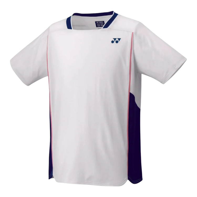 Playera deportiva Radach Sports Yonex blanca con detalles en azul y rosa para tenis y pádel con tecnología Verycool