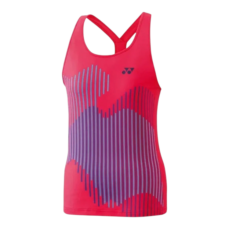 Playera deportiva sin mangas Radach Sports Yonex en color rosa con gráfico geométrico azul y morado para mujer