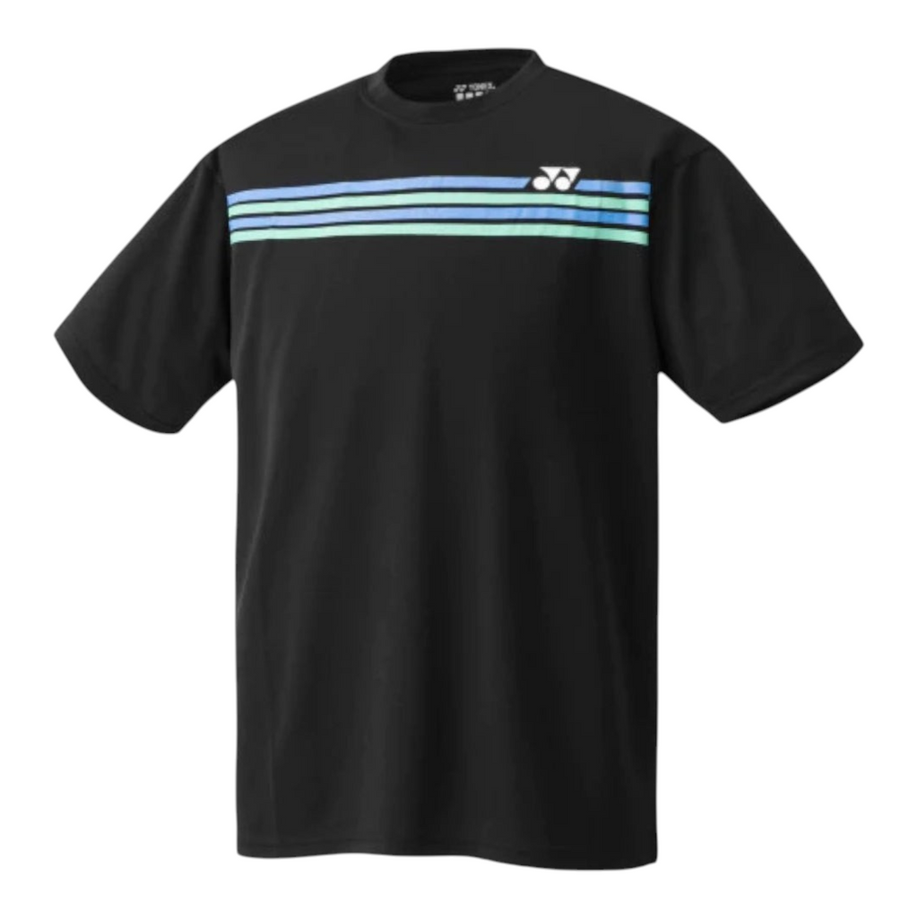 Camiseta deportiva junior Radach Sports Yonex negra con cuello redondo y franjas horizontales azules en microfibra