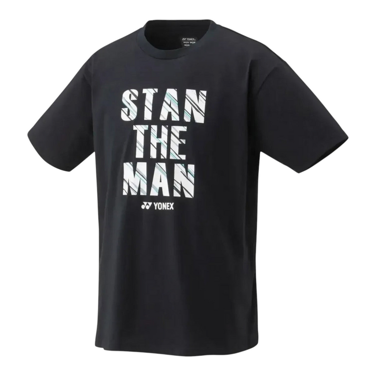 Playera Radach Sports Yonex negra de algodón con gráfico frontal STAN THE MAN para hombre, estilo casual deportivo.