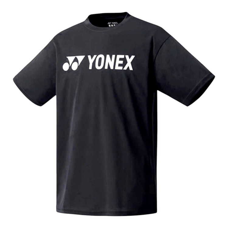 Playera deportiva Radach Sports Yonex negra con logo blanco, diseñada con tecnología de protección UV y térmica.