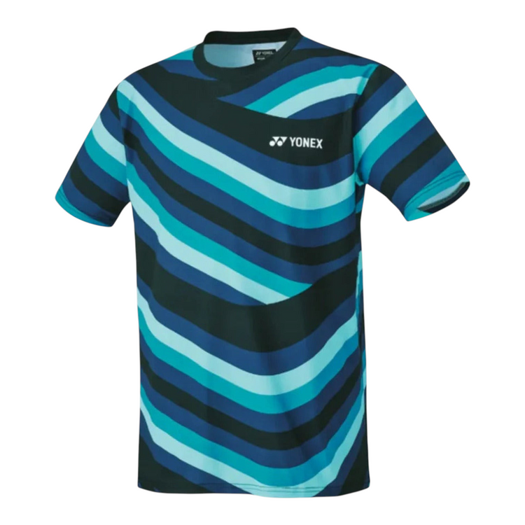 Playera deportiva Radach Sports Yonex 16679EX unisex con estampado de ondas en tonos azules y negros, manga corta.