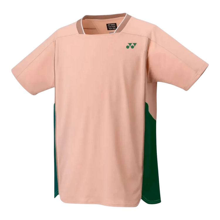 Playera deportiva Radach Sports Yonex 10627EX color rosa beige con paneles laterales verdes y tecnología transpirable