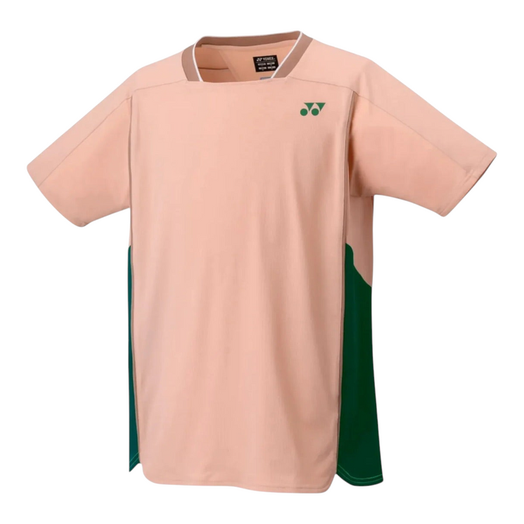 Playera deportiva Radach Sports Yonex 10627EX color rosa beige con paneles laterales verdes y cuello redondo
