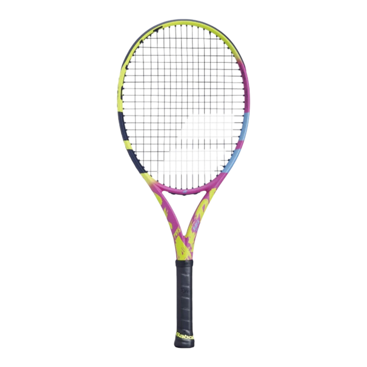 Raqueta de tenis junior Babolat Pure Aero Rafa 26 de Radach Sports en colores amarillo, rosa y azul para jóvenes.