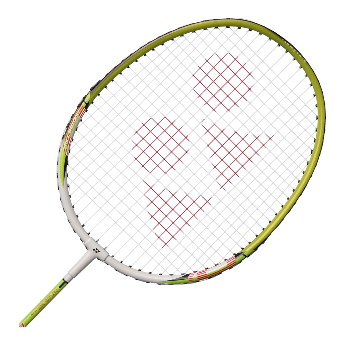 Raqueta de bádminton Radach Sports Yonex B6500 en color blanco y lima con cabeza ovalada y eje de aluminio ligero