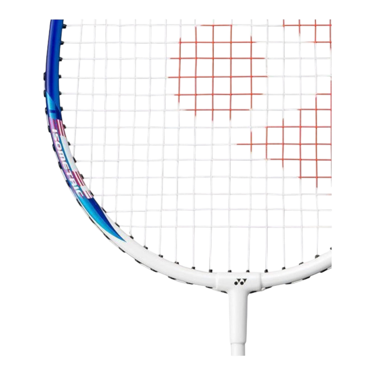 Detalle de la cabeza de la raqueta de bádminton Radach Sports Yonex B6500 en color blanco y azul con encordado rojo.