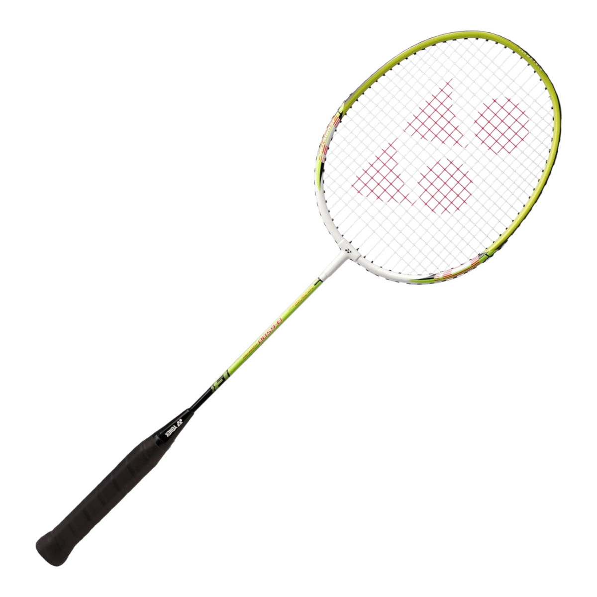 Raqueta de bádminton Radach Sports Yonex B6500 en color blanco y lima con cabeza ovalada y eje de aluminio ligero