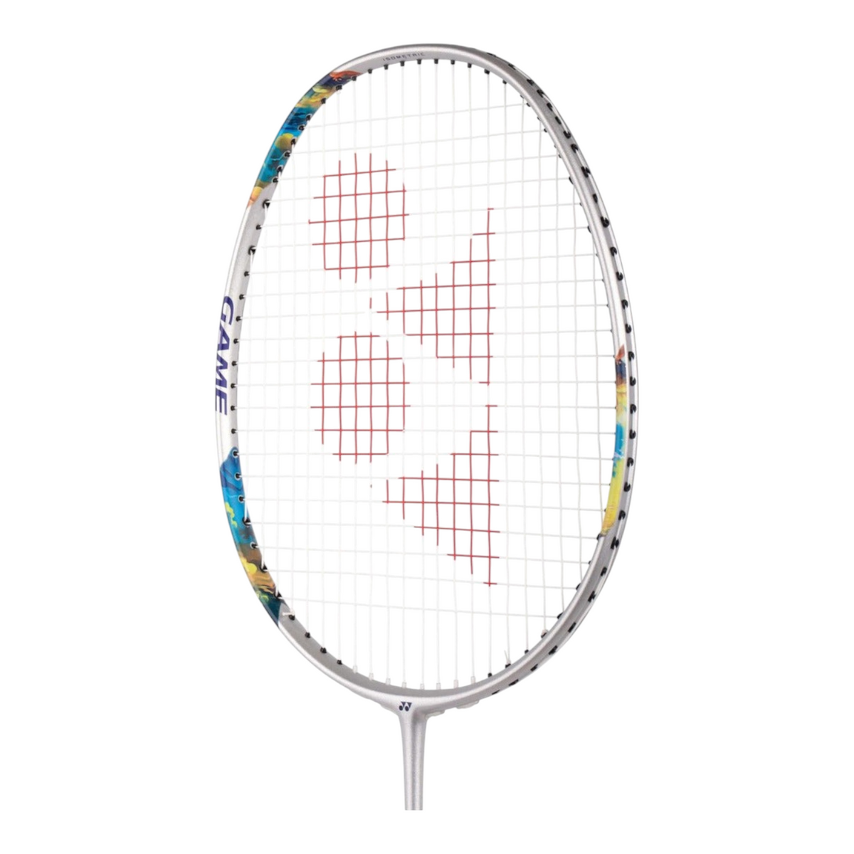 Raqueta de bádminton Radach Sports Yonex Nanoflare 1000 Game con marco plateado y detalles coloridos en los laterales