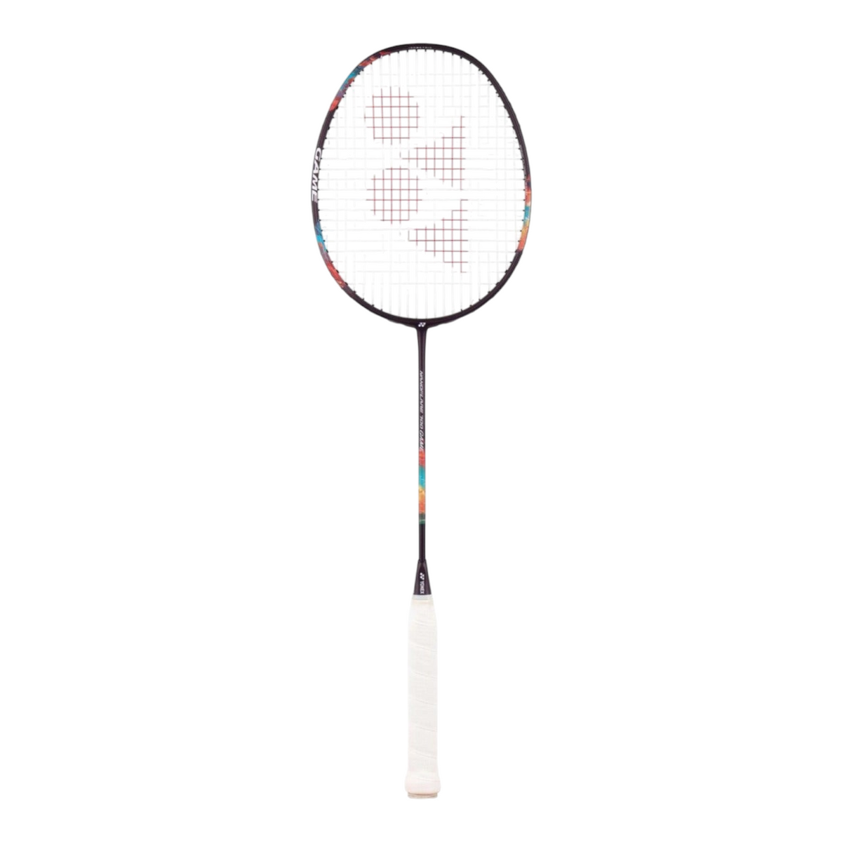 Raqueta de bádminton Radach Sports Yonex Nanoflare 1000 Game en color negro con detalles morados y mango blanco