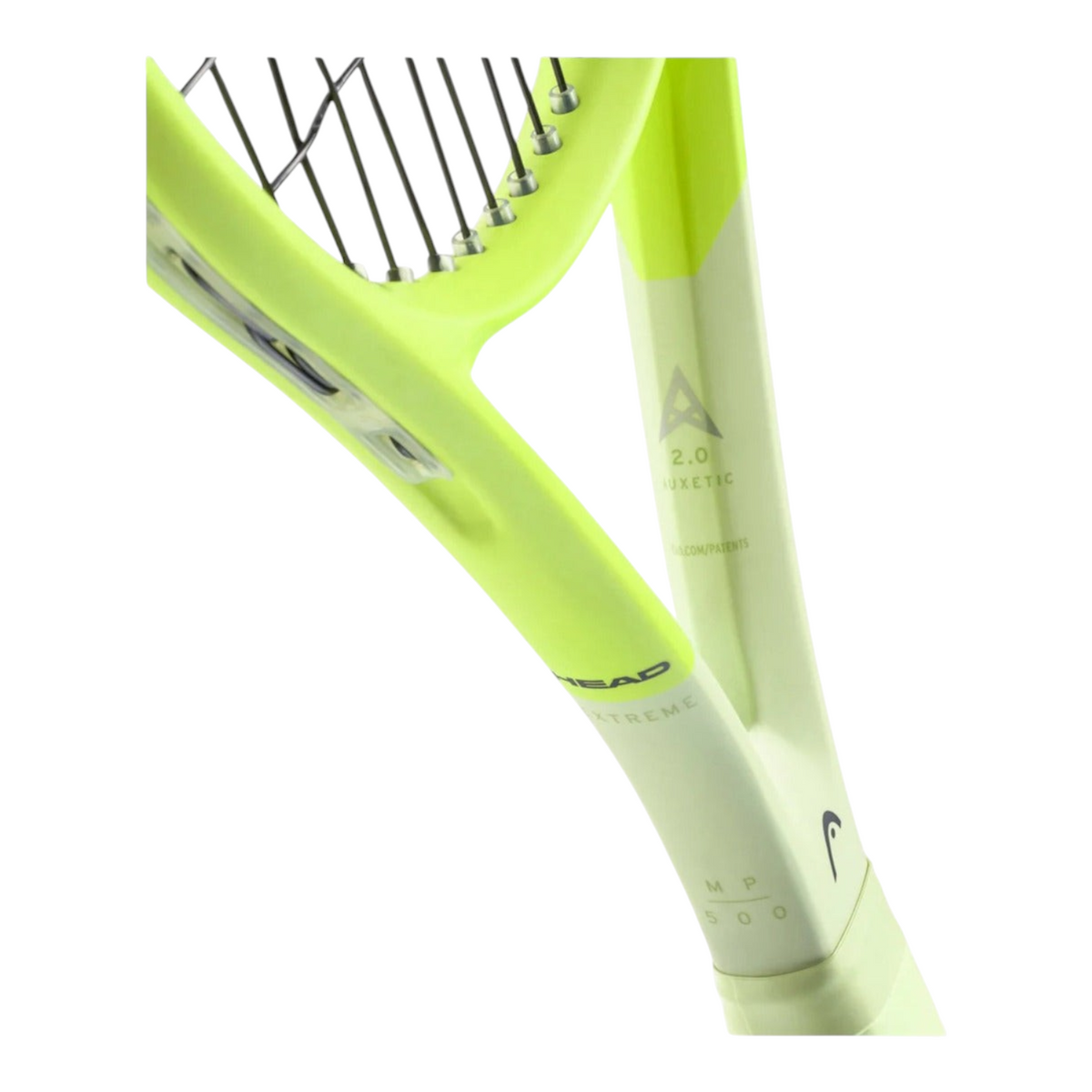 Detalle del marco de la raqueta Radach Sports Head Extreme MP 2024 en color amarillo neón con tecnología Auxetic 2.0