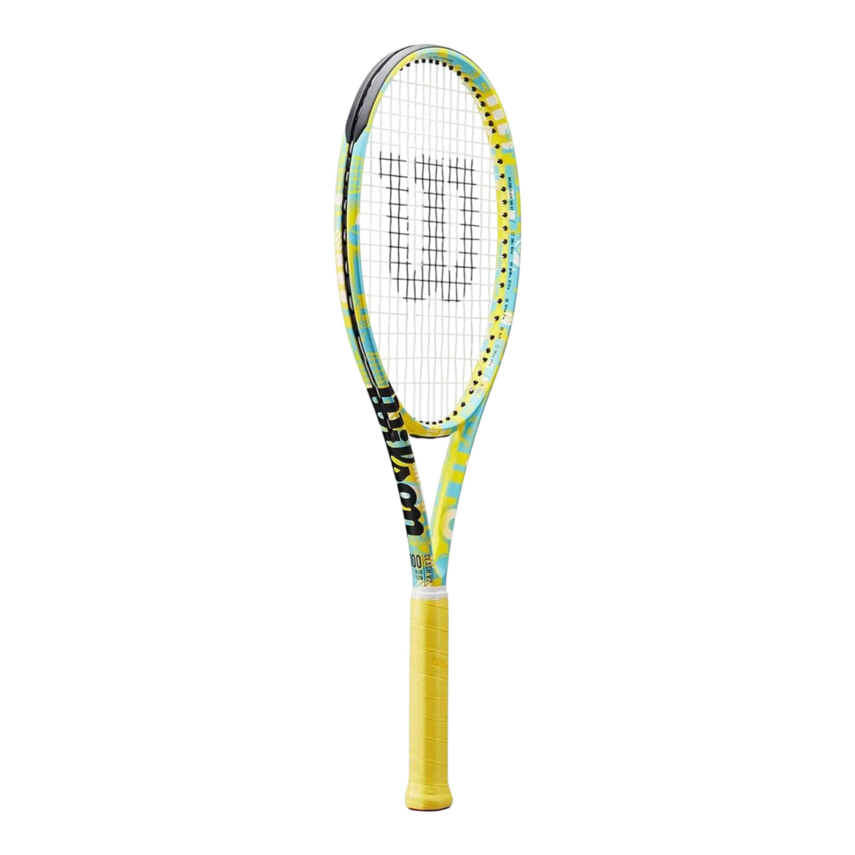 Raqueta de tenis Radach Sports Wilson Minions Clash 100 v2 con diseño multicolor, mango amarillo y marco flexible.