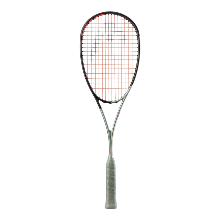 Raqueta de squash Radach Sports Head Radical 120 SB con diseño asimétrico en negro, gris y detalles en naranja.