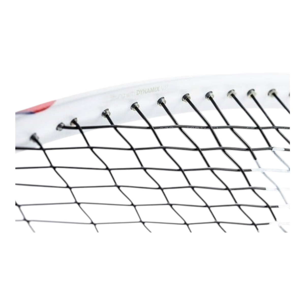 Detalle del marco blanco y encordado negro de la raqueta de squash Radach Sports Tecnifibre Carboflex 135 X-top