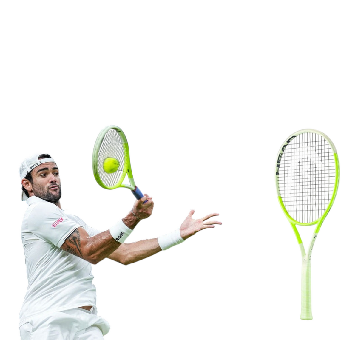 Matteo Berrettini jugando con la raqueta de tenis Head Extreme MP 2024 de color amarillo neón de Radach Sports
