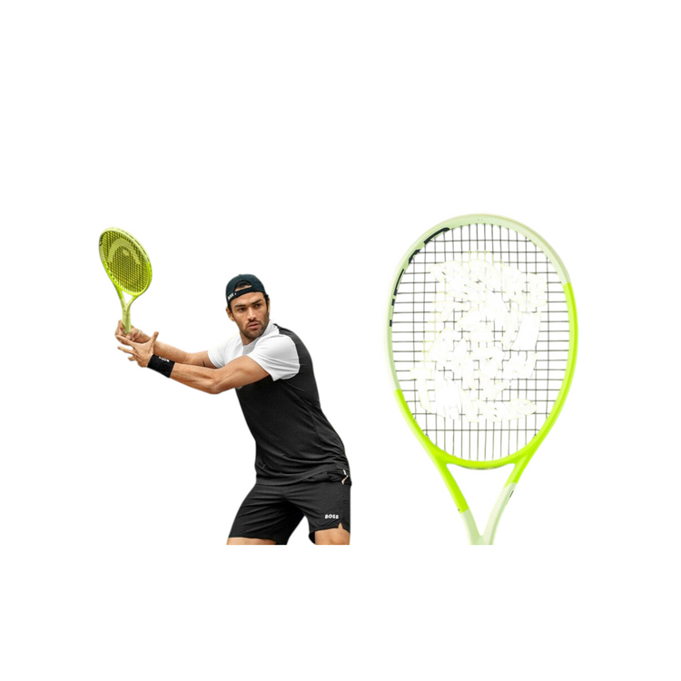 Jugador de tenis con raqueta Head Extreme MP 2024 verde neón en Radach Sports, mostrando diseño y marco técnico.