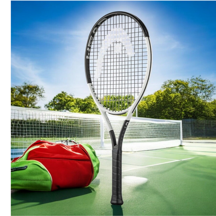 Raqueta de tenis Head Speed Jr. 2024 de Radach Sports con diseño blanco y negro, incluye funda protectora roja y verde