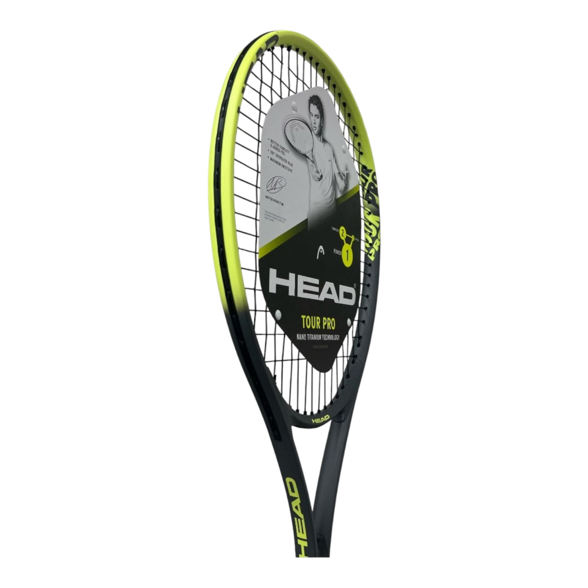 Raqueta de tenis Head Tour Pro de Radach Sports en color verde y negro con marco de aluminio y patrón 16x19