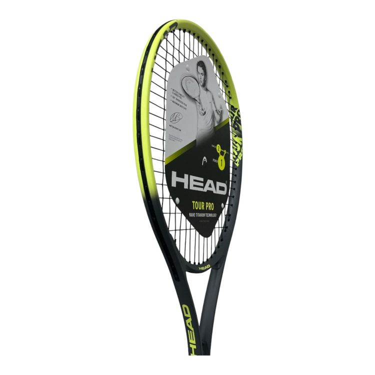 Raqueta de tenis Head Tour Pro de Radach Sports en color verde y negro con marco de aluminio y patrón 16x19