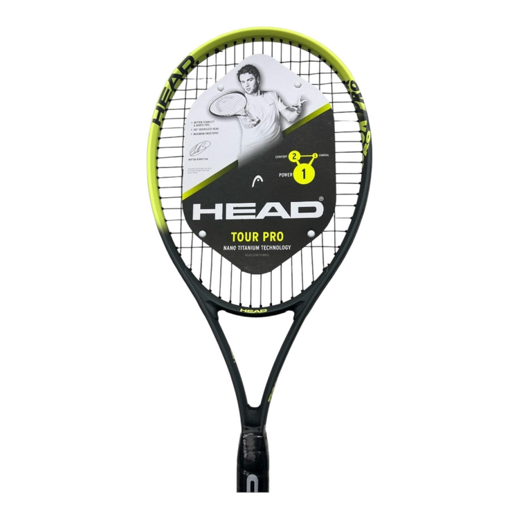 Raqueta de tenis Head Tour Pro de Radach Sports en color verde y negro con marco de aluminio y patrón 16x19