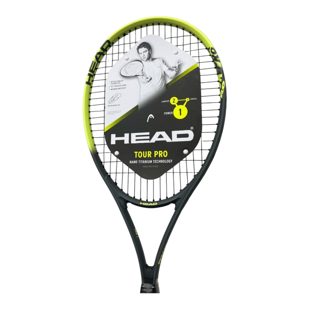 Raqueta de tenis Head Tour Pro de Radach Sports en color negro y verde con marco de aluminio y patrón 16x19