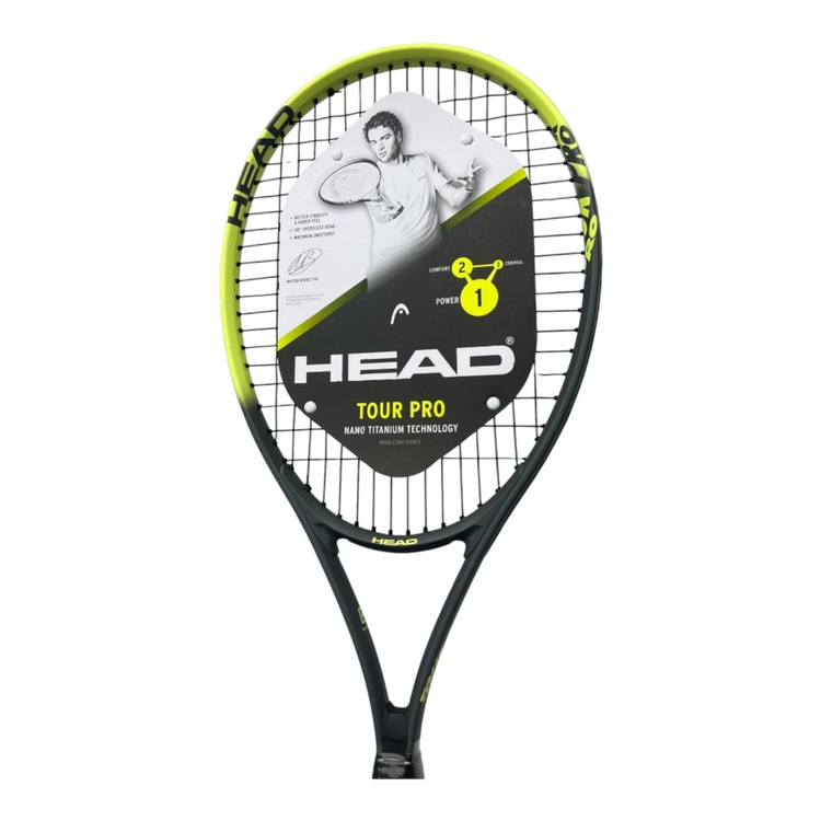 Raqueta de tenis Head Tour Pro de Radach Sports en color negro y verde con marco de aluminio y patrón 16x19