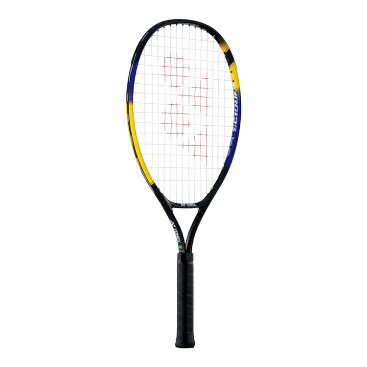 Raqueta de tenis junior Radach Sports Yonex Kyrgios 25 con diseño isométrico en colores negro, azul y amarillo