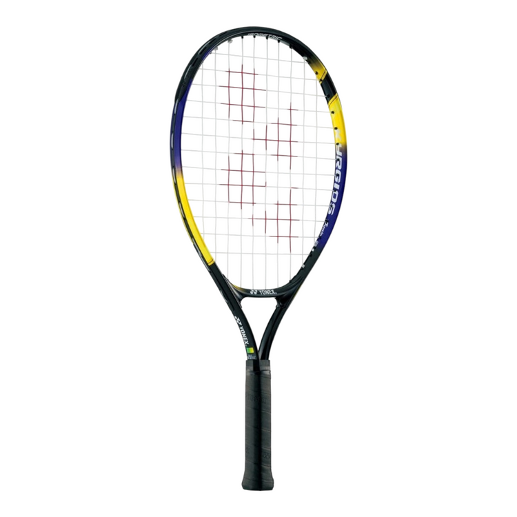 Raqueta de tenis junior Yonex Kyrgios 21 de Radach Sports con diseño en negro, amarillo y azul y encordado incluido