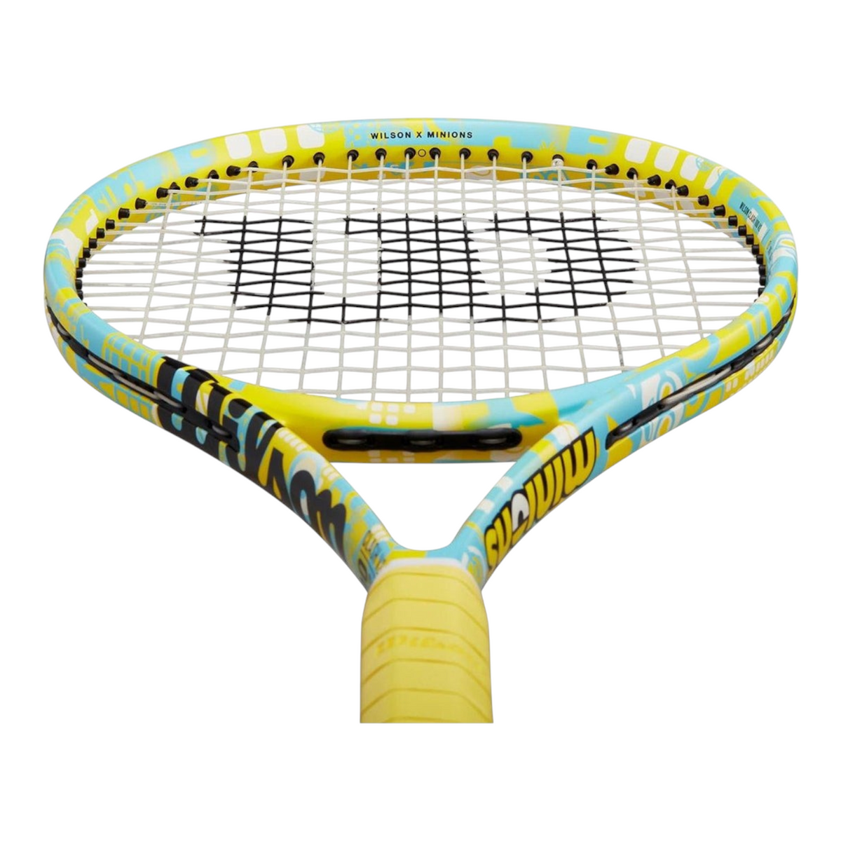 Raqueta de tenis Radach Sports Wilson Minions Clash 100 v2 con diseño multicolor, marco flexible y empuñadura amarilla