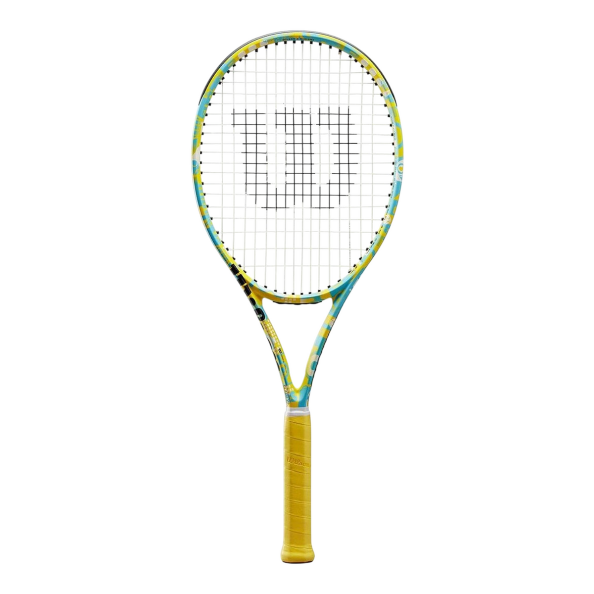 Raqueta de tenis Wilson Minions Clash 100 V2 de Radach Sports con diseño multicolor y empuñadura amarilla