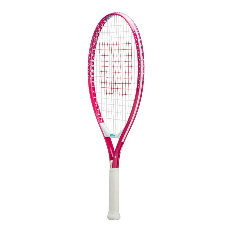 Raqueta de tenis Wilson rosa y blanca con diseño estampado en el marco para jugadores junior