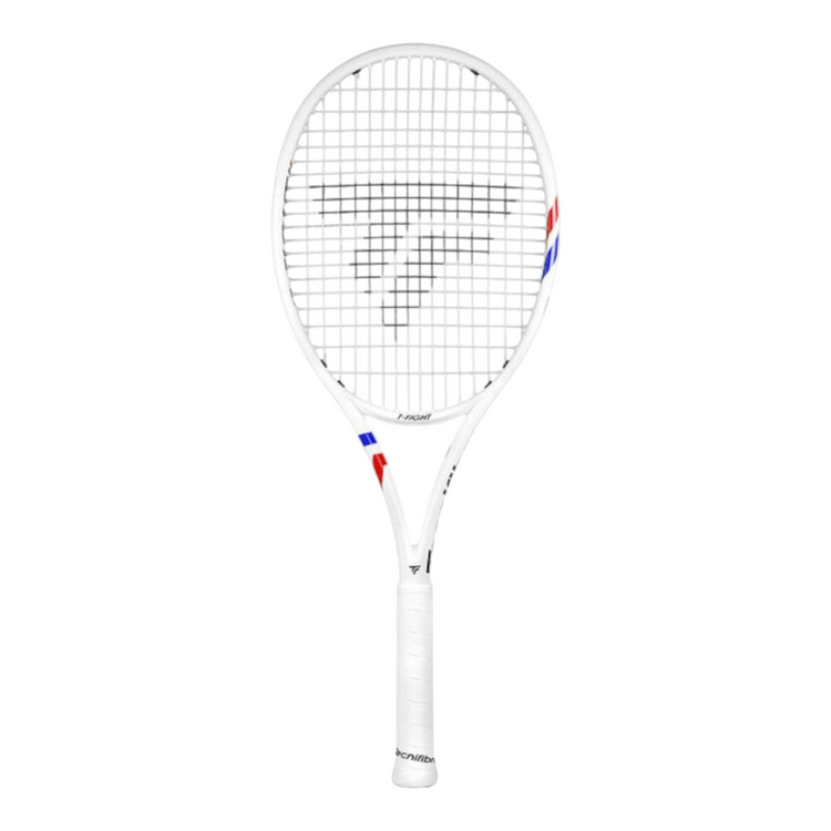 Raqueta de tenis Tecnifibre T-Fight 300g blanca con detalles tricolores, disponible en Radach Sports