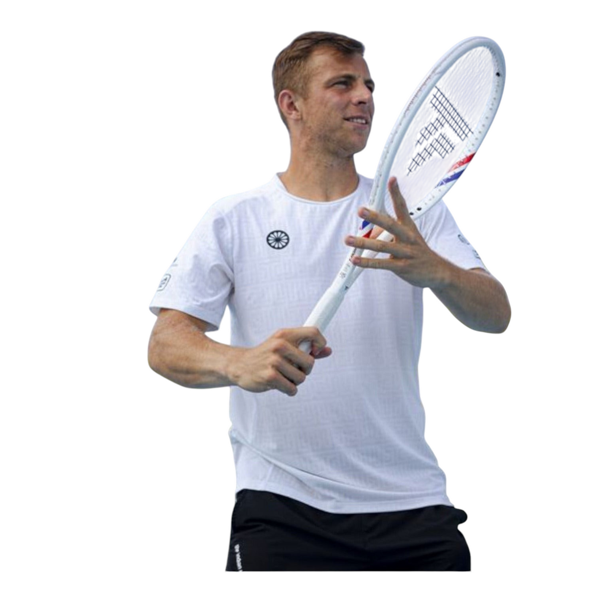 Jugador con raqueta de tenis blanca Tecnifibre T-Fight 270g de Radach Sports en posición de juego