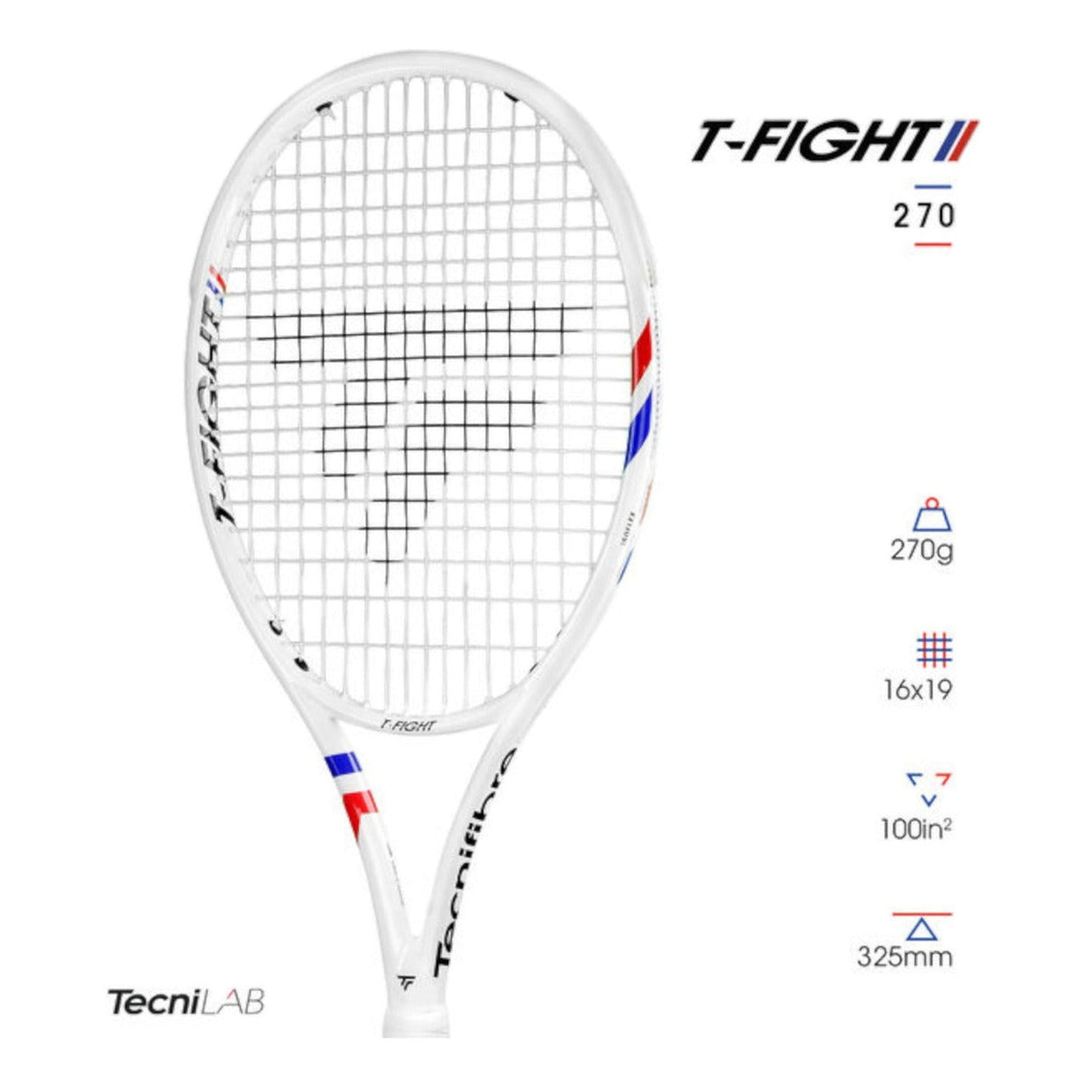 Raqueta de tenis Radach Sports Tecnifibre T-Fight 270g blanca con detalles en azul y rojo para jugadores competitivos