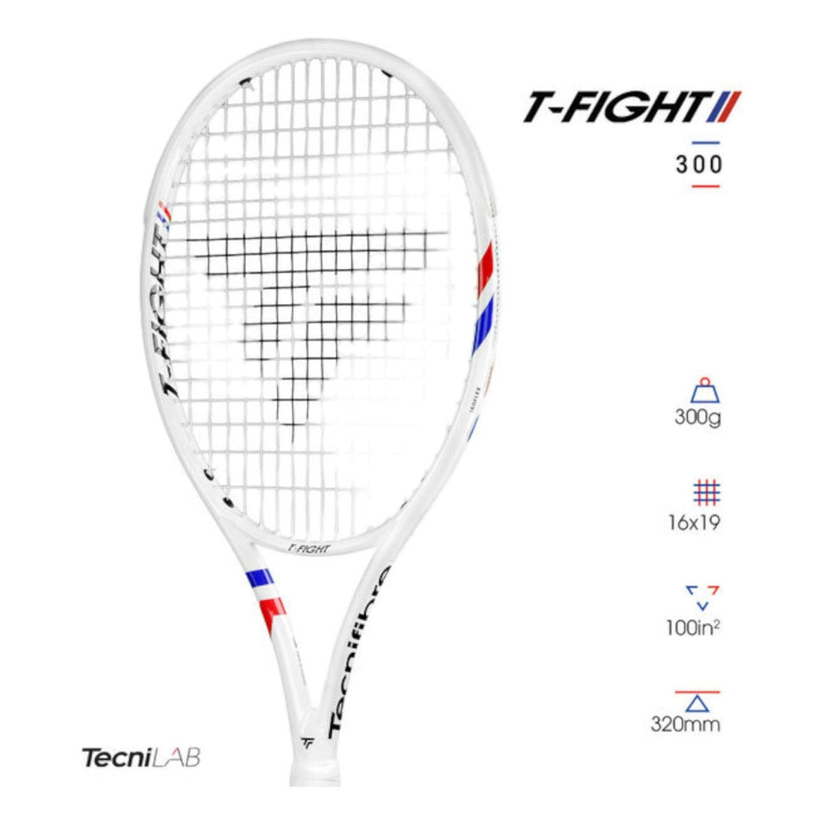 Raqueta de tenis Tecnifibre T-Fight 300g blanca con detalles tricolores, disponible en Radach Sports