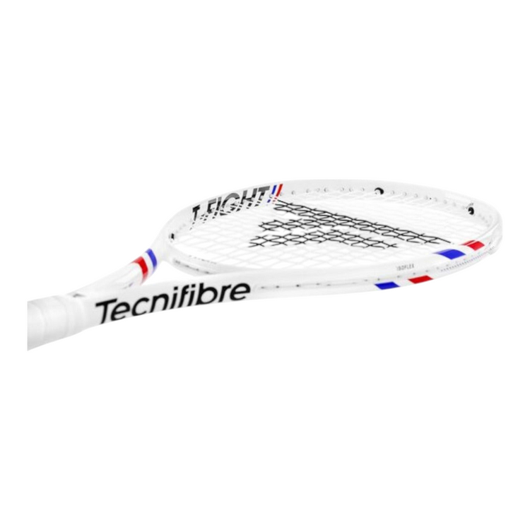 Raqueta de tenis Radach Sports Tecnifibre T-Fight 300g blanca con detalles tricolores y tecnología Isoflex