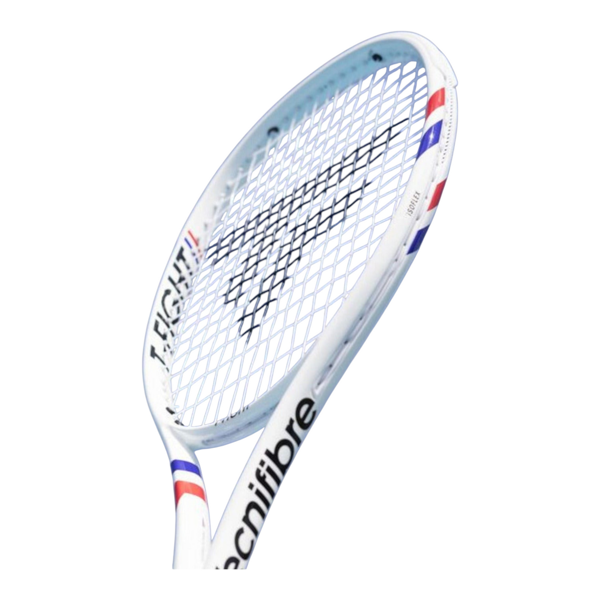 Raqueta de tenis Radach Sports Tecnifibre T-Fight 270g blanca con detalles en azul y rojo, vista de perfil