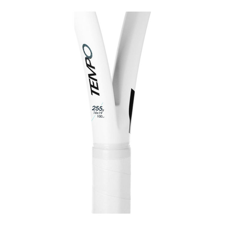 Detalle del cuello de la raqueta de tenis Radach Sports Tecnifibre Tempo V2 blanca de 255 gramos
