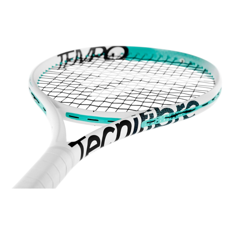 Raqueta de tenis Radach Sports Tecnifibre Tempo 255 V2 blanca con detalles en turquesa y negro