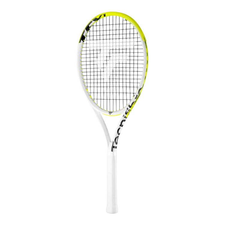 Raqueta de tenis Radach Sports Tecnifibre TF-X1 V2 275 en color blanco y amarillo con diseño ergonómico