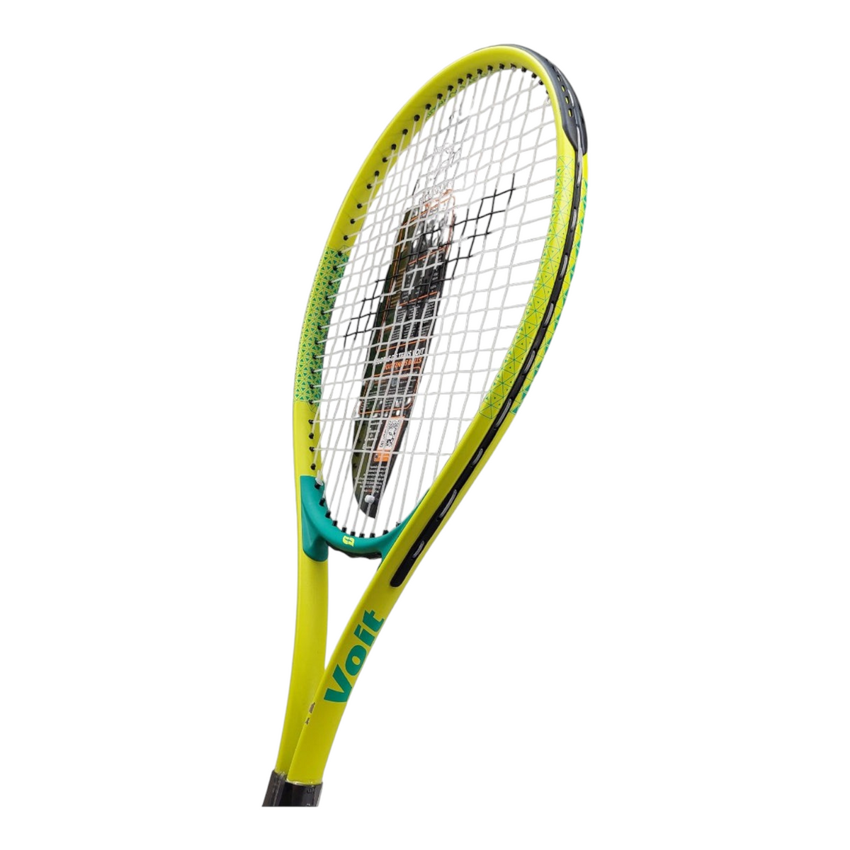 Raqueta de tenis Voit Sr Ace en color amarillo vibrante con detalles en verde, ideal para jugadores recreativos.