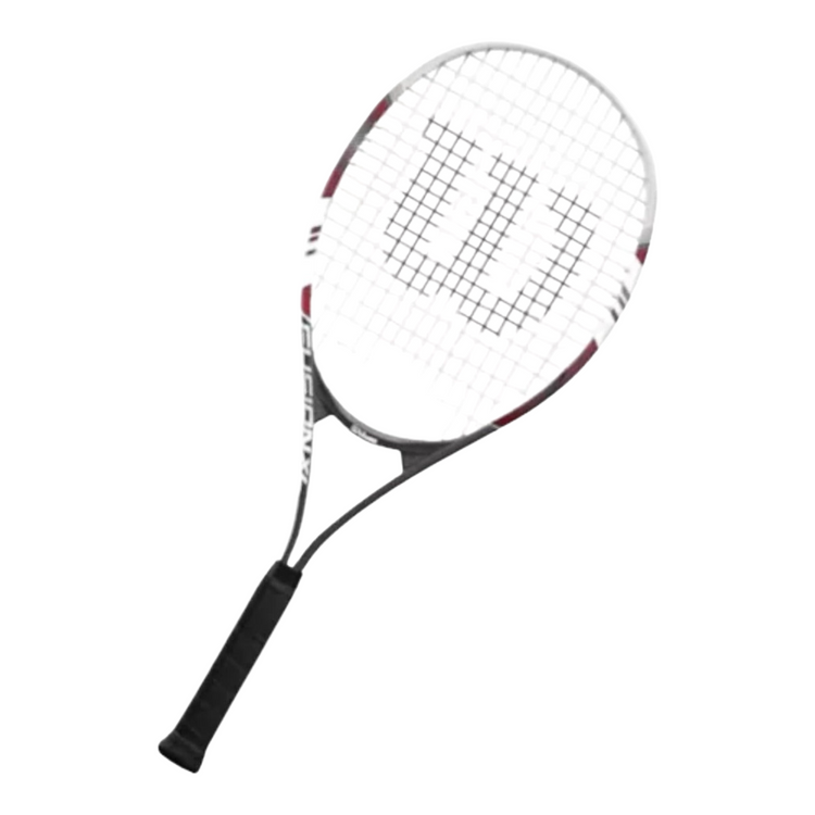 Raqueta de tenis Wilson Fusion XL de Radach Sports con marco negro y blanco y logotipo en el encordado