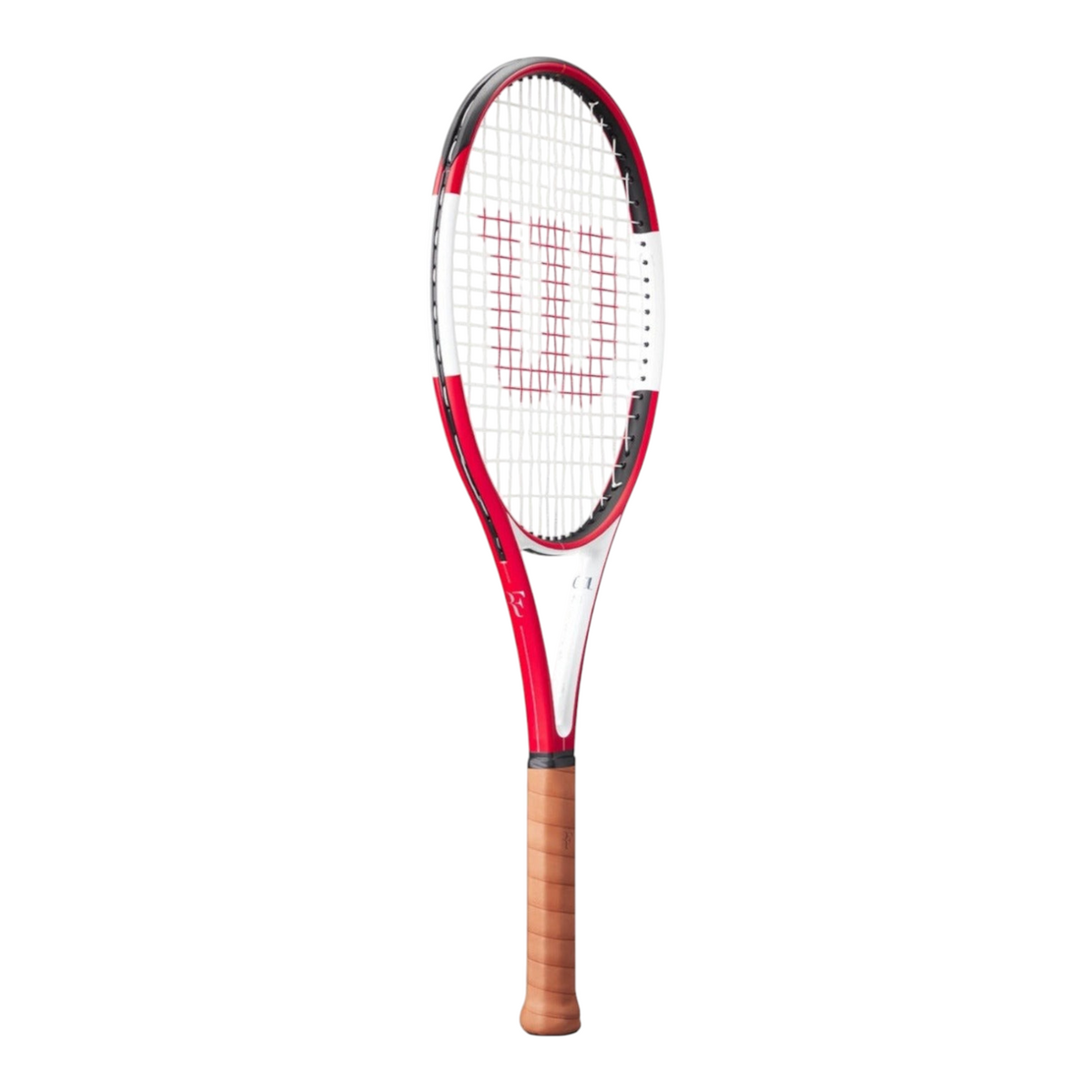 Raqueta de tenis Wilson RF 01 Pro Classic de Radach Sports con diseño en rojo y blanco y empuñadura de cuero marrón