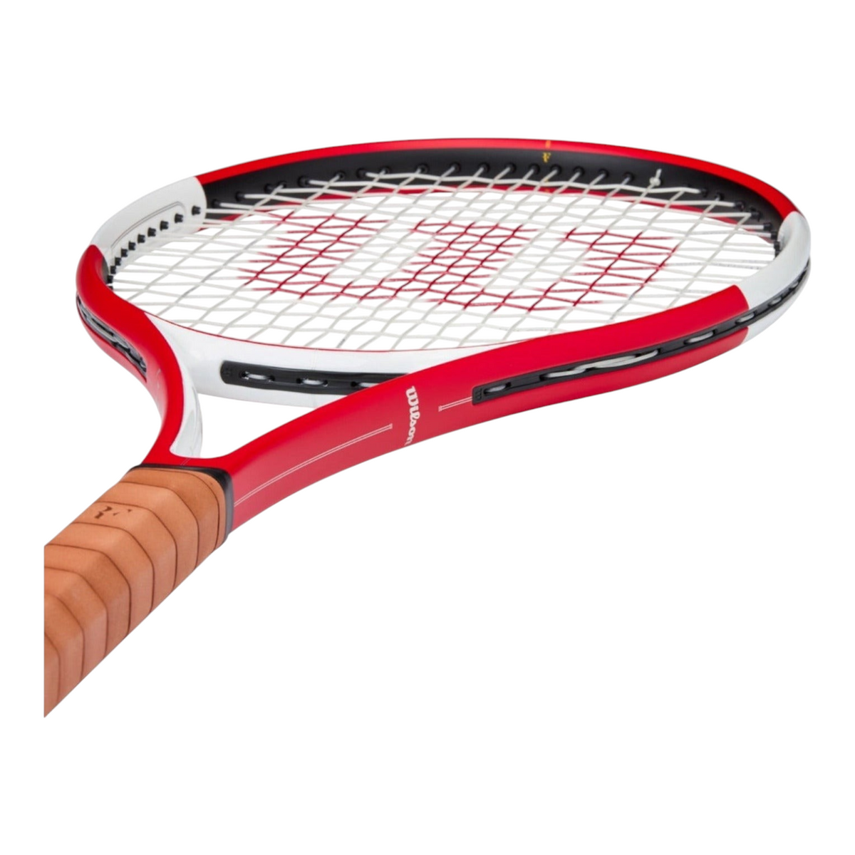 Raqueta de tenis Radach Sports Wilson RF 01 Pro Classic con marco rojo y blanco y empuñadura de cuero marrón