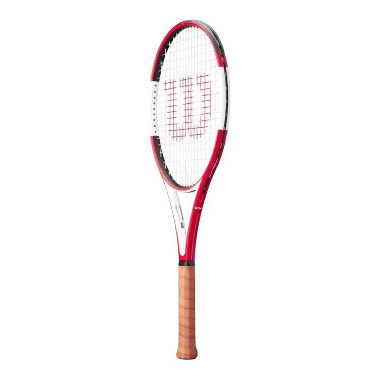 Raqueta de tenis Wilson RF 01 Pro Classic de Radach Sports en color rojo y blanco con empuñadura de cuero marrón