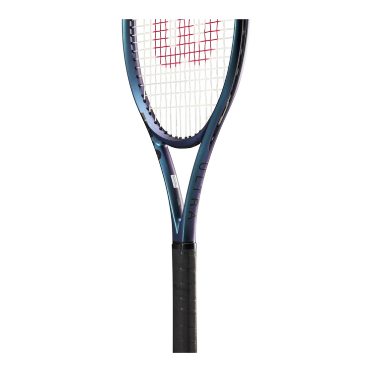 Raqueta de tenis Radach Sports Wilson Ultra 100L V4 con marco azul iridiscente y diseño aerodinámico