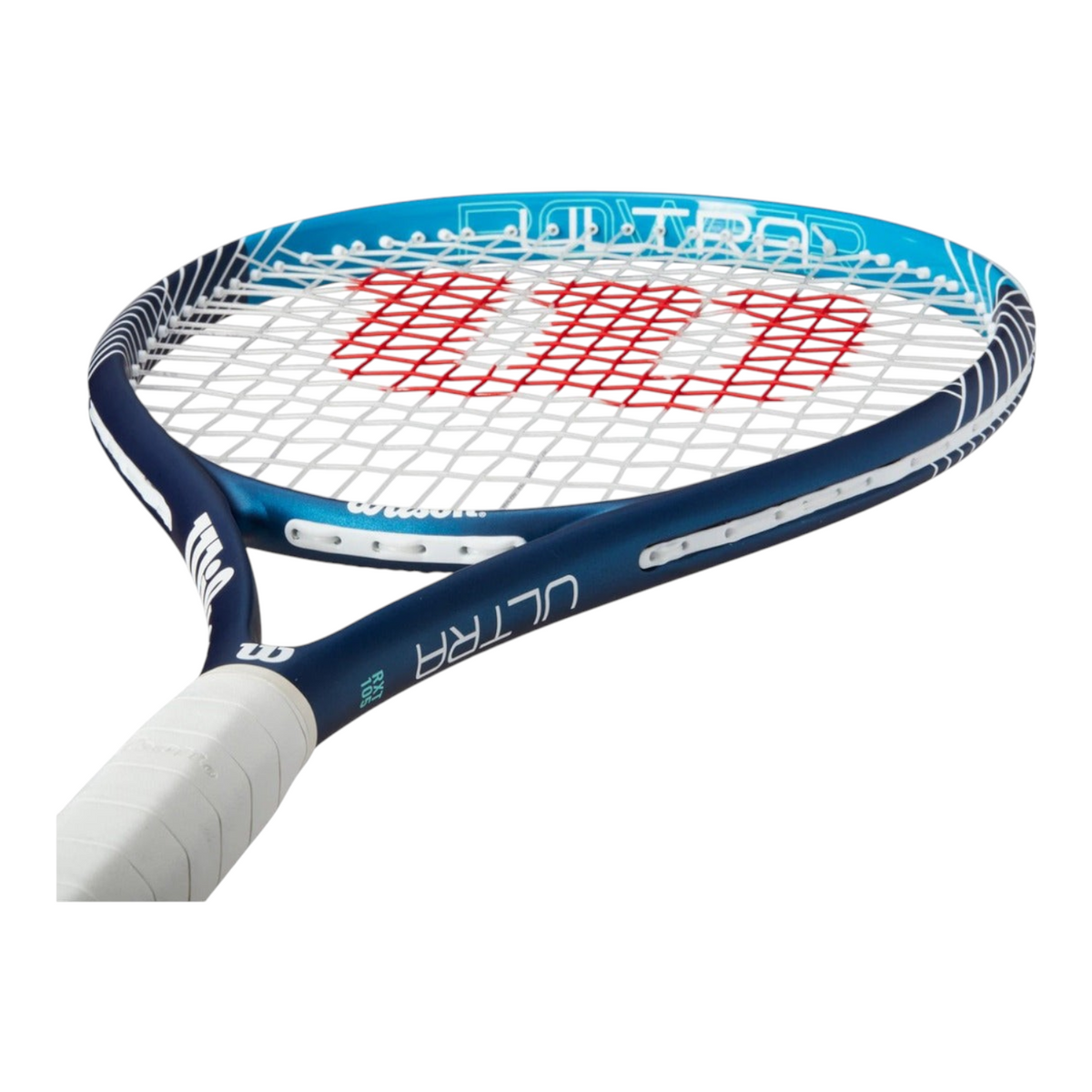 Raqueta de tenis Wilson Ultra Power 105 RXT de Radach Sports en azul y blanco con patrón de encordado 16x19