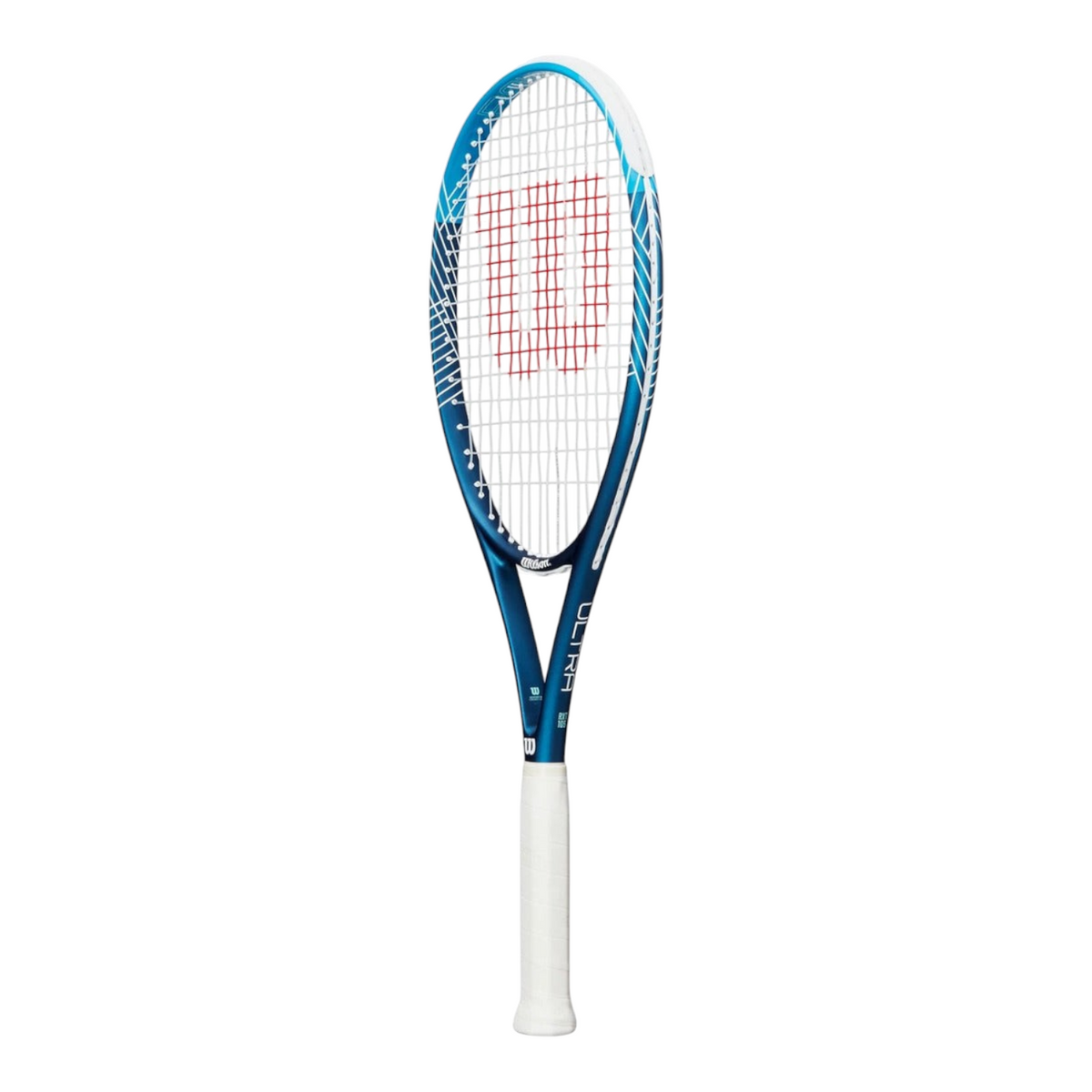 Raqueta de tenis Radach Sports Wilson Ultra Power 105 RXT azul y blanca con patrón de encordado 16x19